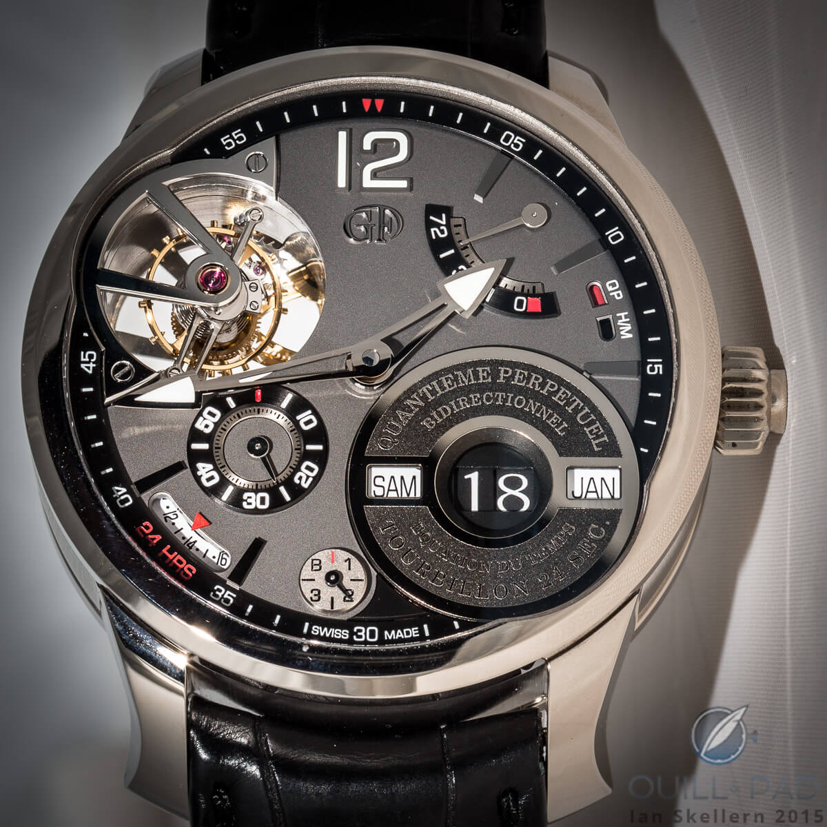 Greubel Forsey Quantième Perpétuel à Équation. Note the ease of reading day, (big) date and month in a straight line