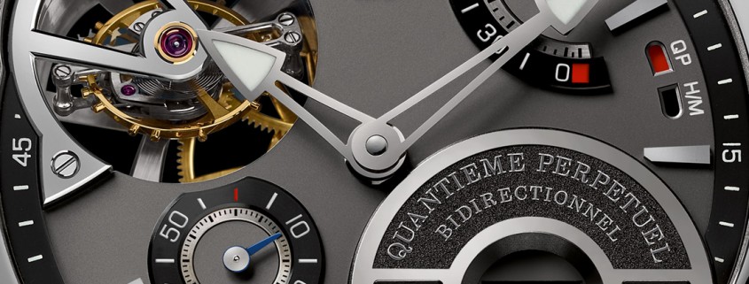Close up of the dial of the Greubel Forsey Quantième Perpétuel à Équation. At 6 o'clock you can see the small indication for the leap year (B for bisextile, which is French for leap year). To the left of that is a 24-hour display, with areas in red (around midnight) indicating that it isn't possible to set the calendar