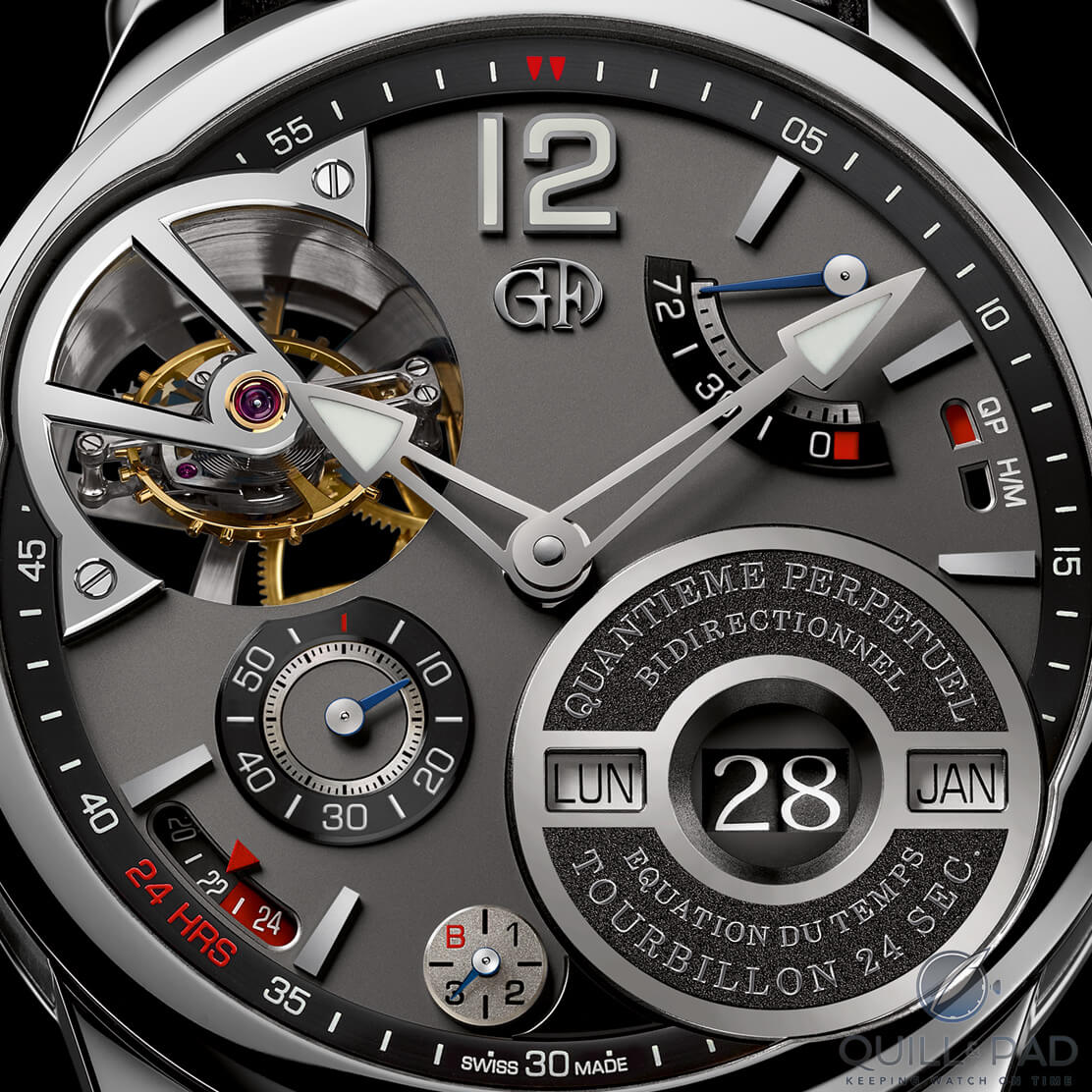 Close up of the dial of the Greubel Forsey Quantième Perpétuel à Équation. At 6 o'clock you can see the small indication for the leap year (B for bisextile, which is French for leap year). To the left of that is a 24-hour display, with areas in red (around midnight) indicating that it isn't possible to set the calendar