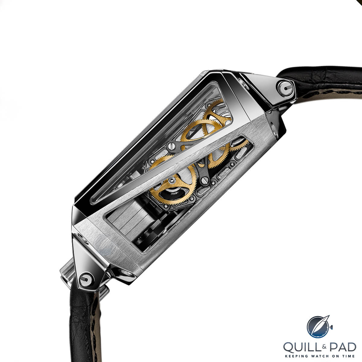 The sapphire crystal panels on the side of the Hautlence Vortex enable full appreciation of the movement inside; the angle cross piece helps to visually break the height of the case