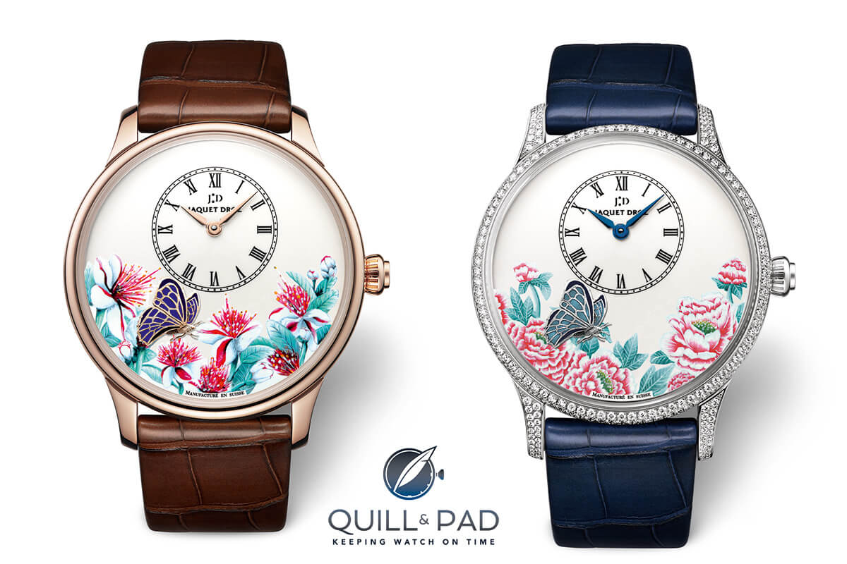 Jaquet Droz Butterfly Journey in red gold (left) and white gold with diamond-set case and bezel