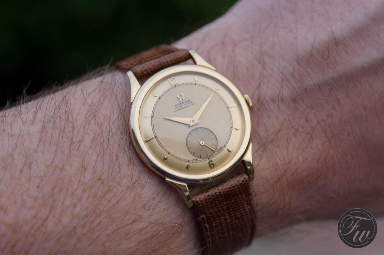The 1948 Omega Centenary Reference 2500 on the wrist