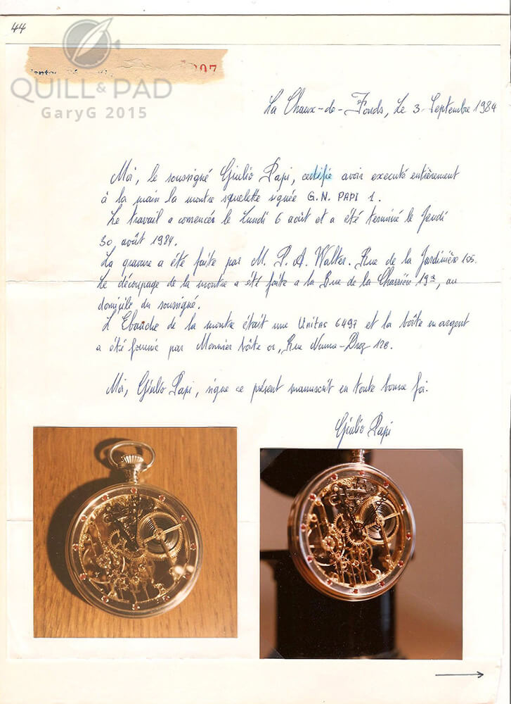 Provenance letter for the G.N. Papi No.1 pocket watch