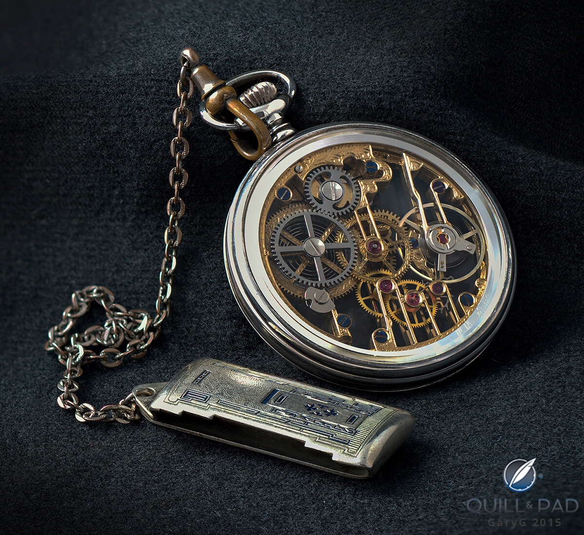 G.N. Papi No.1 pocket watch: reverse side on vintage chain