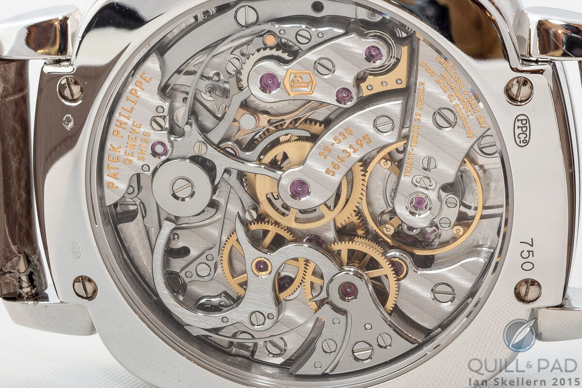Patek Philippe Ladies First chronograph movement viewed through the display back