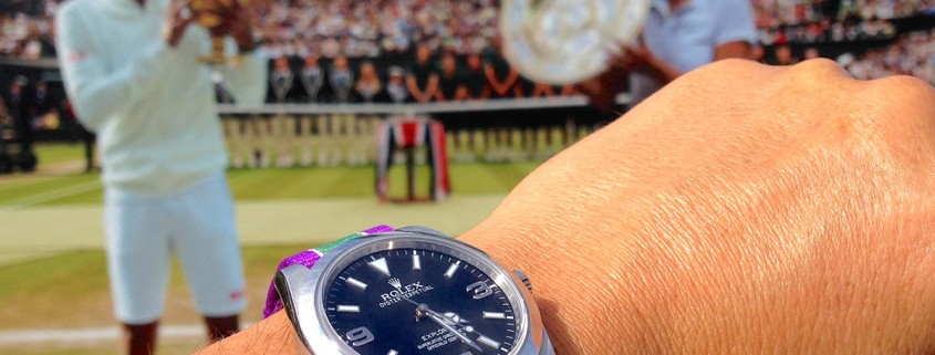 Rolex Oyster Perpetual Explorer on Wimbledon-colors NATO strap at Wimbledon