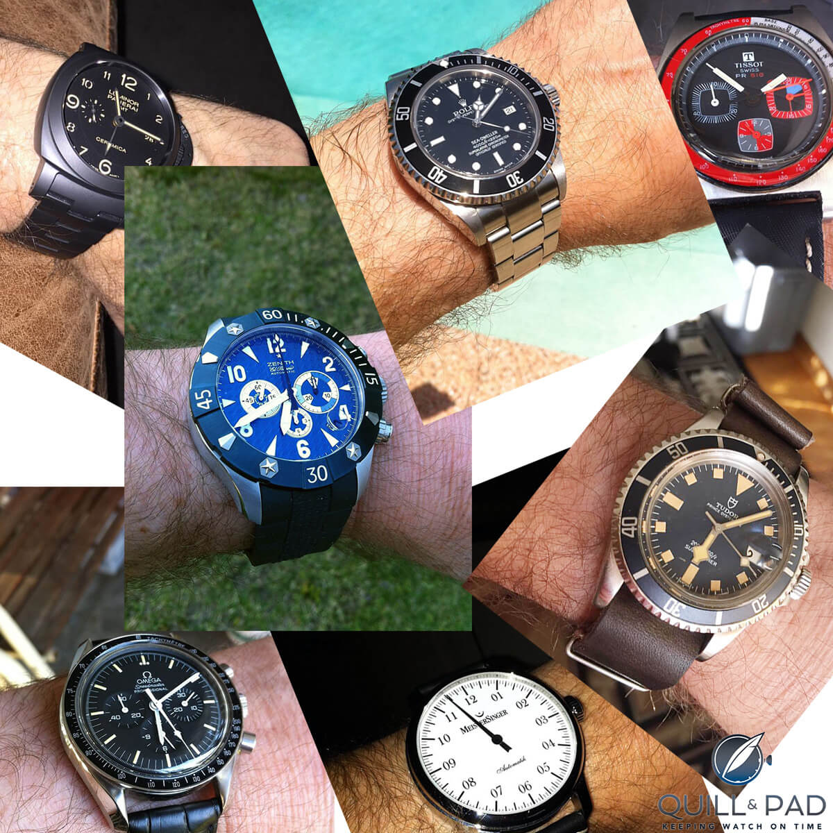 A few of the watches in Eric Singer's collection: (clockwise from top left) Panerai Luminor 1950 3 Days GMT Tuttonero, Rolex Sea-Dweller, Tissot 516, Tudor Prince, Meistersinger Gran Matik, Omega Speedmaster, and blue-dial Zenith Defy Classic
