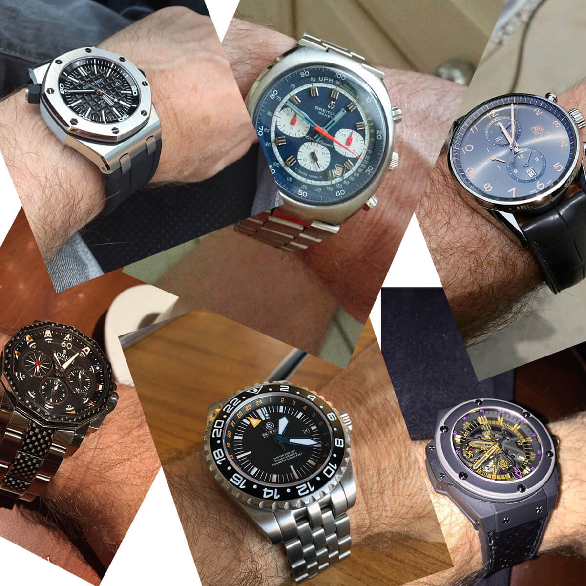 A few of the watches in Eric Singer's collection: (clockwise from top left) Audemars Piguet Royal Oak Offshore Diver, vintage Breitling Transocean, TAG Heuer Carrera 1887, Hublot Kobe Bryant Black Mamba, Deep Blue Master 2000 GMT, and Corum Admiral’s Cup Challenge Split-Seconds