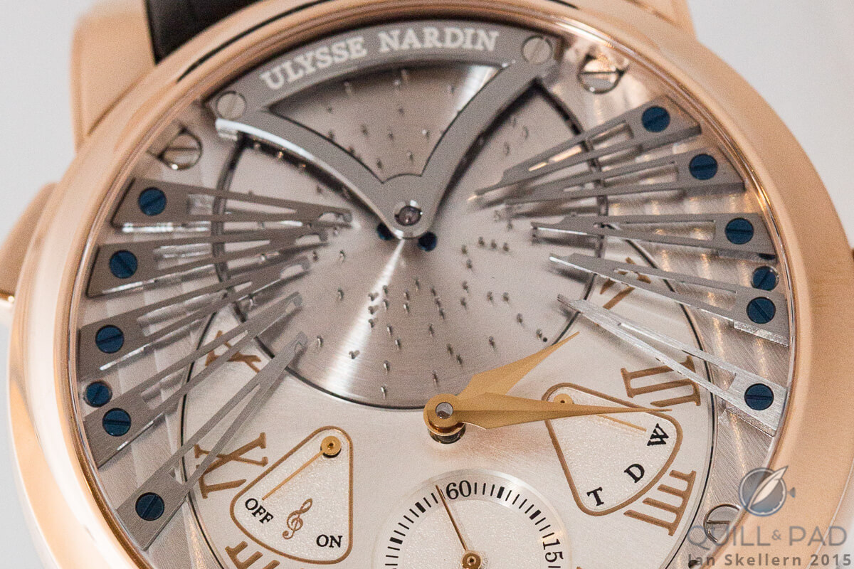 As the disc at the top of the dial of the Ulysse Nardin Stranger rotates, carefully positioned pins pluck tuned blades to create music