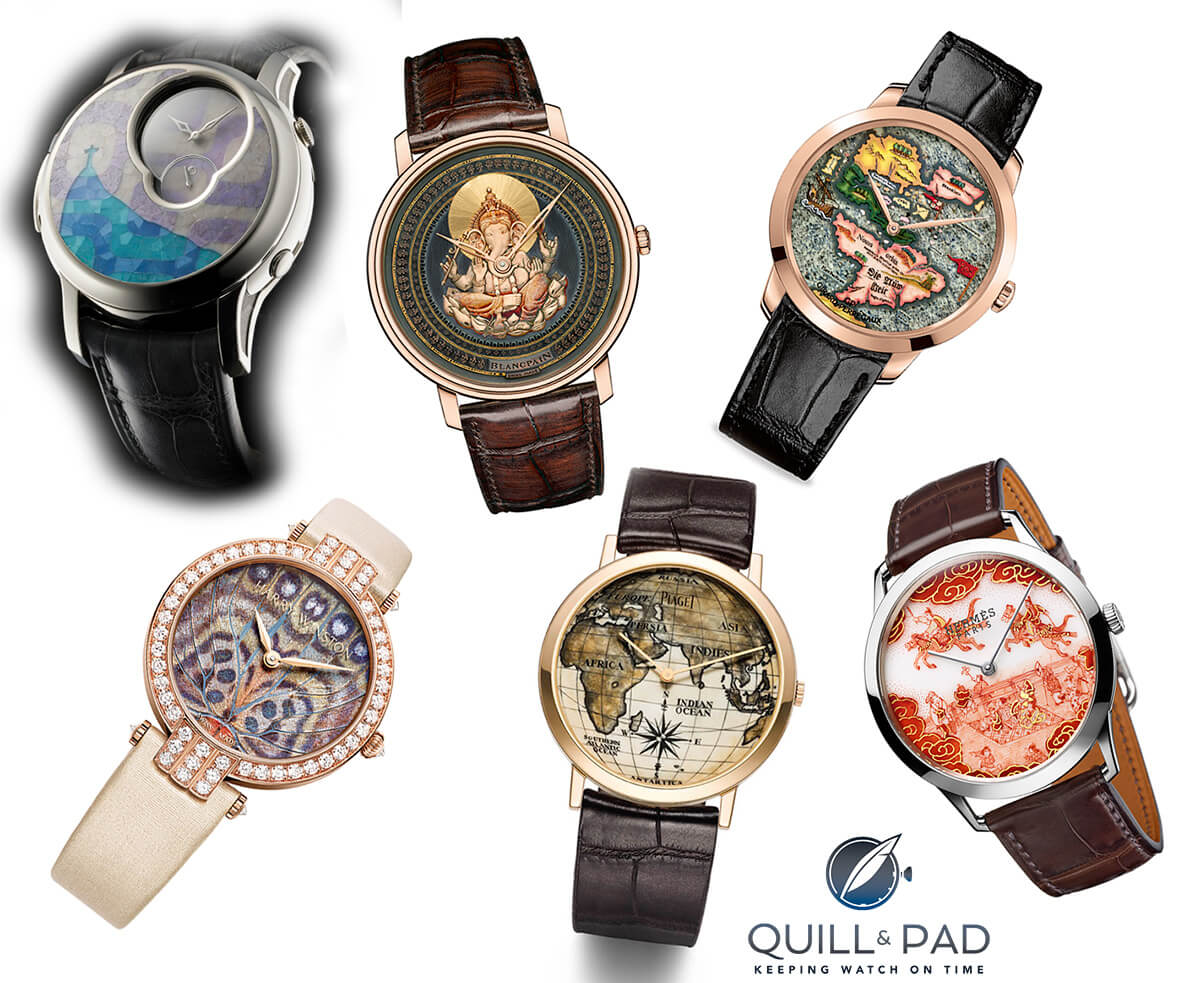 Artistic craft watches pre-selected for the 2015 GPHG clockwise from top left: Romain Gauthier Logical One Secret Kakau Höfke, Blancpain Villeret with Shakudo dial, Girard-Perregaux The Chambers of Wonders - The New World, Hermès Slim d'Hermès Koma Kurabé, Piaget Altiplano Scrimshaw, and Harry Winston Premier Precious Butterfly Automatic 36mm