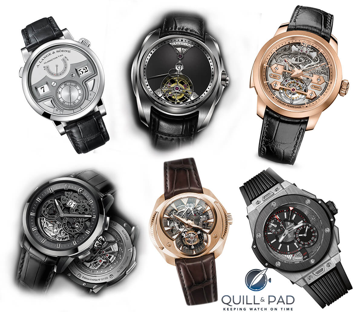 Striking watches pre-selected for the 2015 GPHG shown clockwise from top left: A. Lange & Söhne Zeitwerk Minute Repeater, Akrivia Tourbillon Chiming Jump Hour, Girard-Perregaux Minute Repeater Tourbillon with Gold Bridges, Hublot Big Bang Alarm Repeater, Franc Vila Inaccessible Tourbillon Minute Repeater, and Christophe Claret Allegro