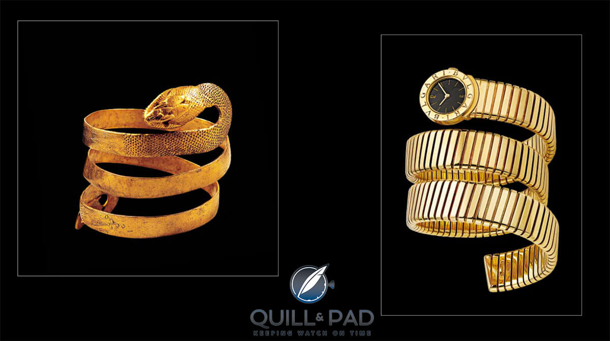 Left: Gold snake bracelet from Pompeii dating to the ﬁrst century (photo courtesy De Agostini/Getty Images) Right: Bulgari-Bulgari gold Tubogas watch-bracelet, circa 1980. The black dial has gold hands, gold baton-shaped indexes, and Arabic numerals in the six and twelve o’clock positions (photo courtesy Antonio Barrella, Studio Orizzonte, Rome/© The Bulgari Heritage Collection)