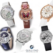 High Mech Ladies watches pre-selected for the 2015 GPHG. Clockwise from top left: Fabergé Lady Compliquée Peacock, Jaquet Droz Lady 8 Flower, Montblanc Bohème Perpetual Calendar Jewellery, Piaget Altiplano 1200S, Chaumet Hortensia Creative Complication, and Bulgari Il Giardino Notturno