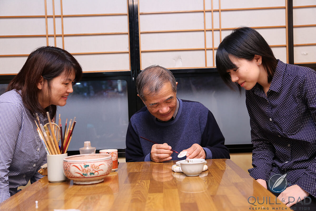Buzan Fukushima with his daughter and assistant painting a Slim d’Hermès Koma Kurabe dial (photo courtesy Eiichi Okuyama)