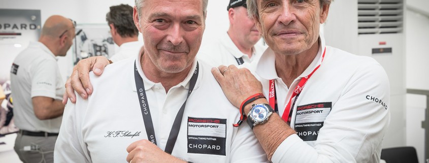 Chopard's Karl-Friedrich Scheufele (left) and Jacky Ickx_wearing matching Superfast Chrono Porsche 919 Jacky Ickx models