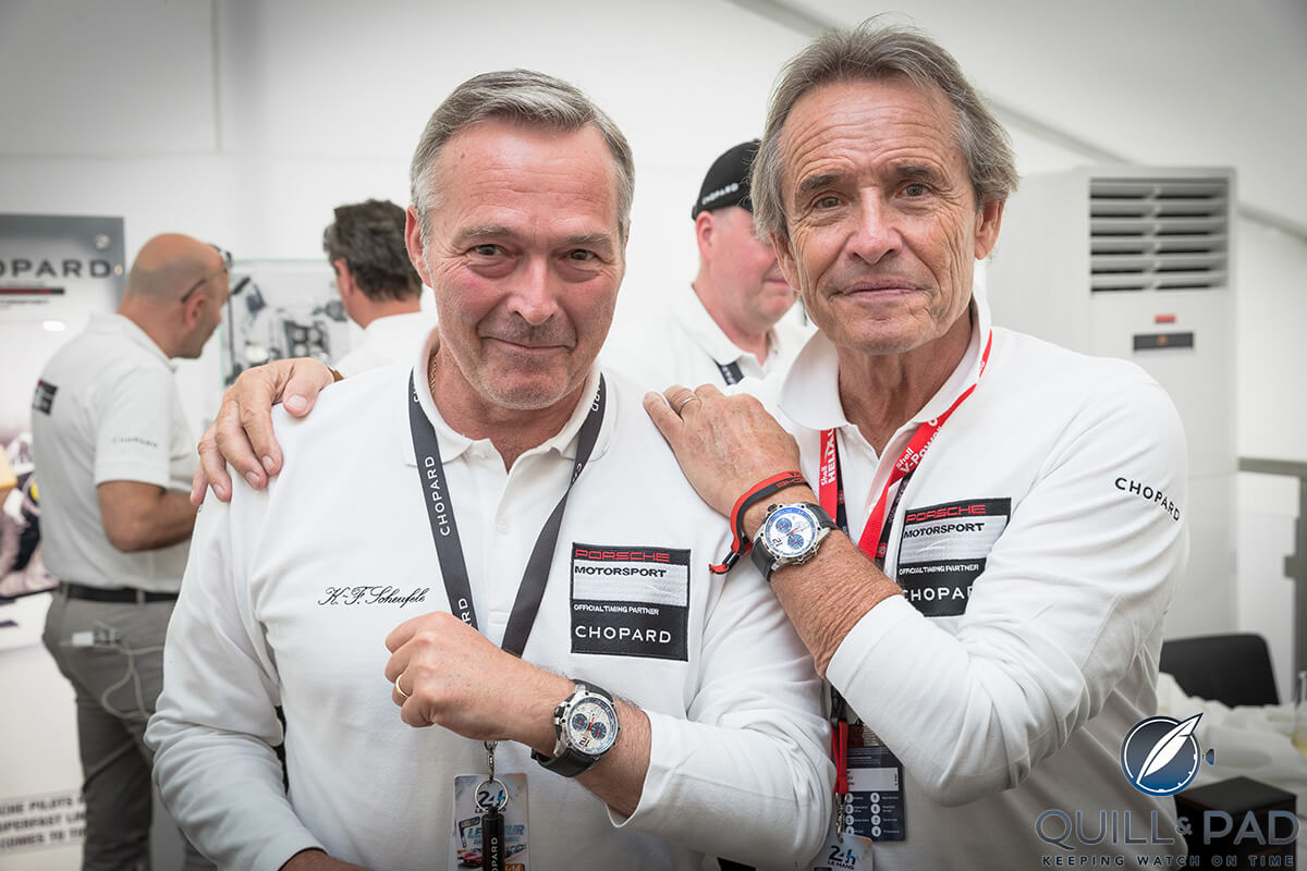Chopard's Karl-Friedrich Scheufele (left) and Jacky Ickx wearing matching Superfast Chrono Porsche 919 Jacky Ickx models