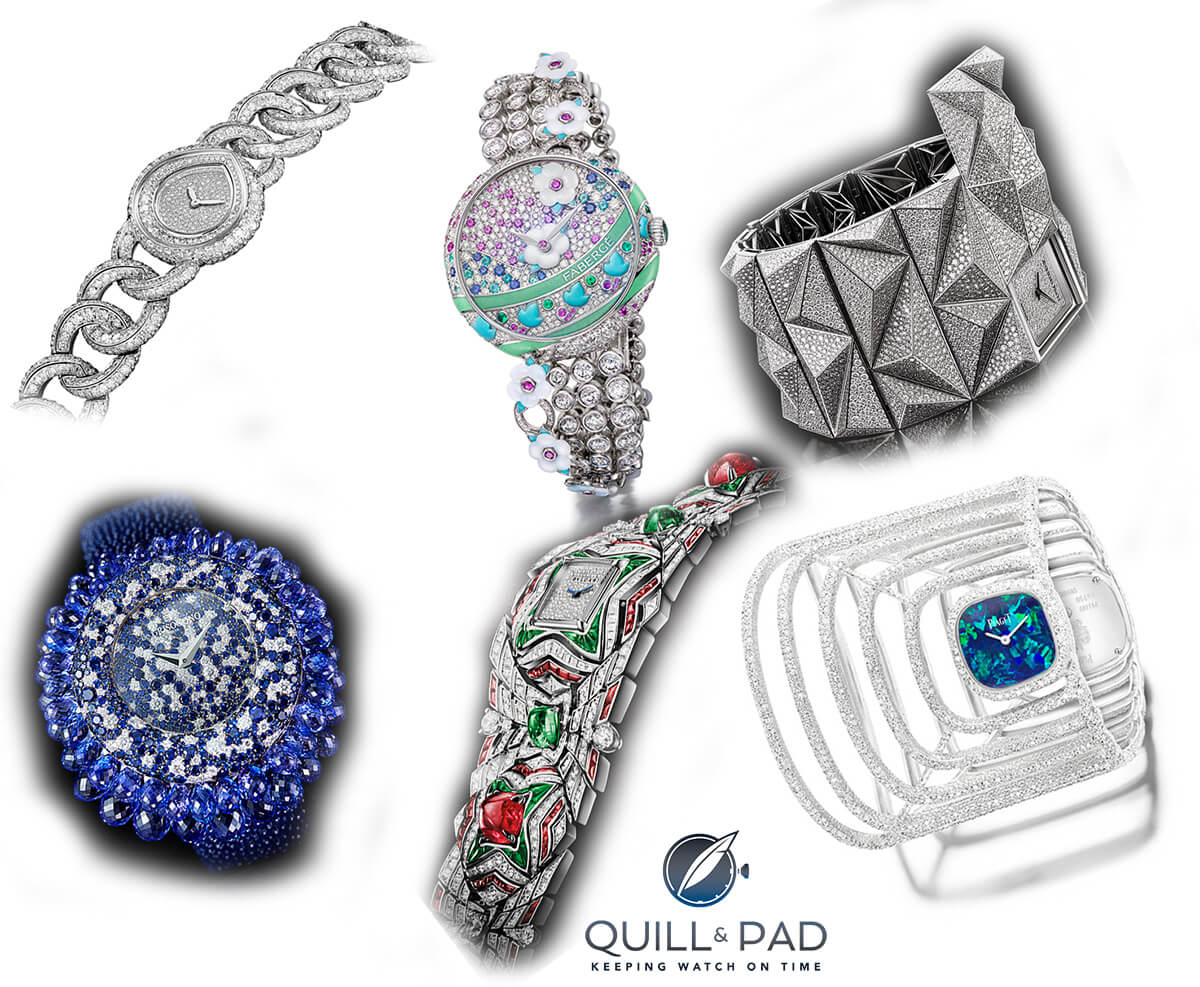 Jewellery watches pre-selected for the 2015 GPHG shown clockwise from top left: Chaumet Joséphine Aigrette Impériale, Fabergé Summer in Provence Multicoloured Sapphire, Audemars Piguet Diamond Punk, Piaget Extremely Piaget Double Sided Cuff Watch, Bulgari Mvsa High Jewellery, and De Grisogono Grappoli