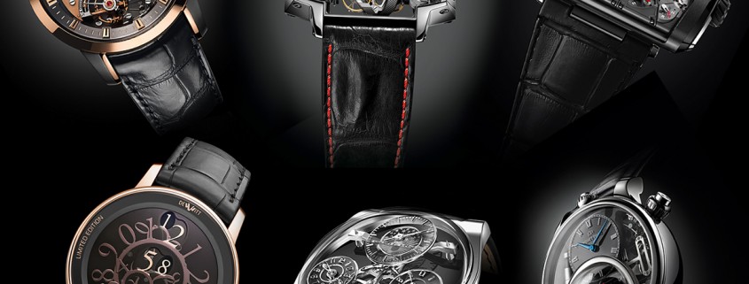 Mechanical-Exception watches pre-selected for the 2015 GPHG. Clockwise from top left: Christophe Claret Maestoso, Hautlence Vortex, HYT H3, Jaquet Droz The Charming Bird, Emmanuel Bouchet Complication One, and Dewitt Academia Mathematical