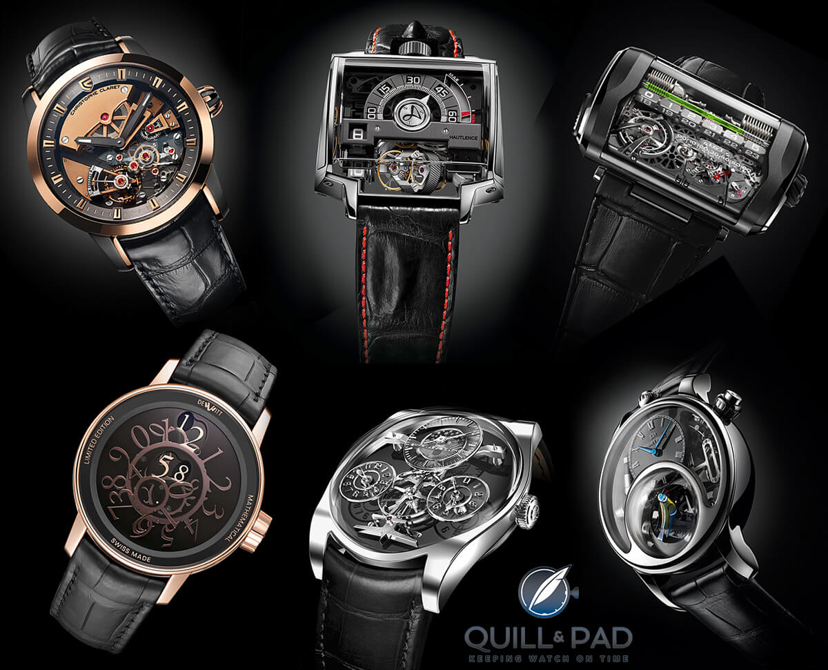 Mechanical Exception watches pre-selected for the 2015 GPHG are shown clockwise from top left: Christophe Claret Maestoso, Hautlence Vortex, HYT H3, Jaquet Droz Charming Bird, Emmanuel Bouchet Complication One, and Dewitt Academia Mathematical