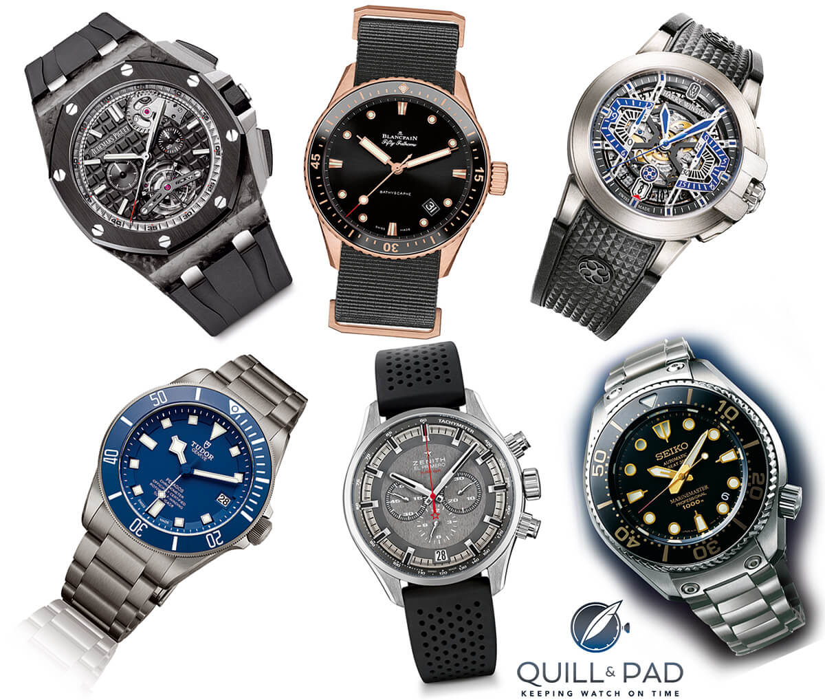 Sports watches pre-selected for the 2015 GPHG are shown clockwise from top left: Royal Oak Offshore Selfwinding Tourbillon Chronograph, Blancpain Fifty Fathoms Bathyscaphe, Harry Winston Project Z9, Seiko Prospex Marinemaster Professional Diver's 1000m Hi-Beat 36000, Zenith El Primero Sport, and Tudor Pelagos