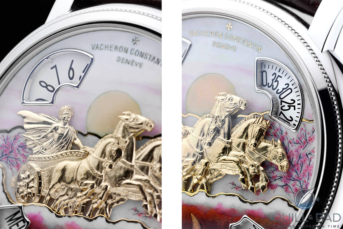 Detailed look at the sculptured chariot and horses on the Vacheron Constantin Métiers d’Art