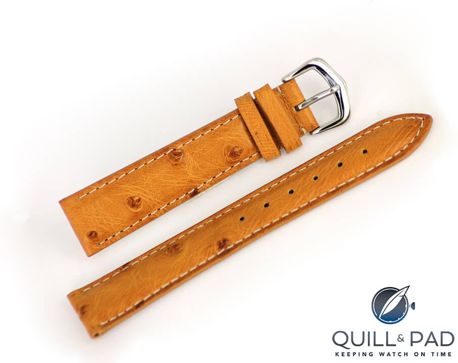 Ostrich leather strap with its distinctive dark marks where the quills were