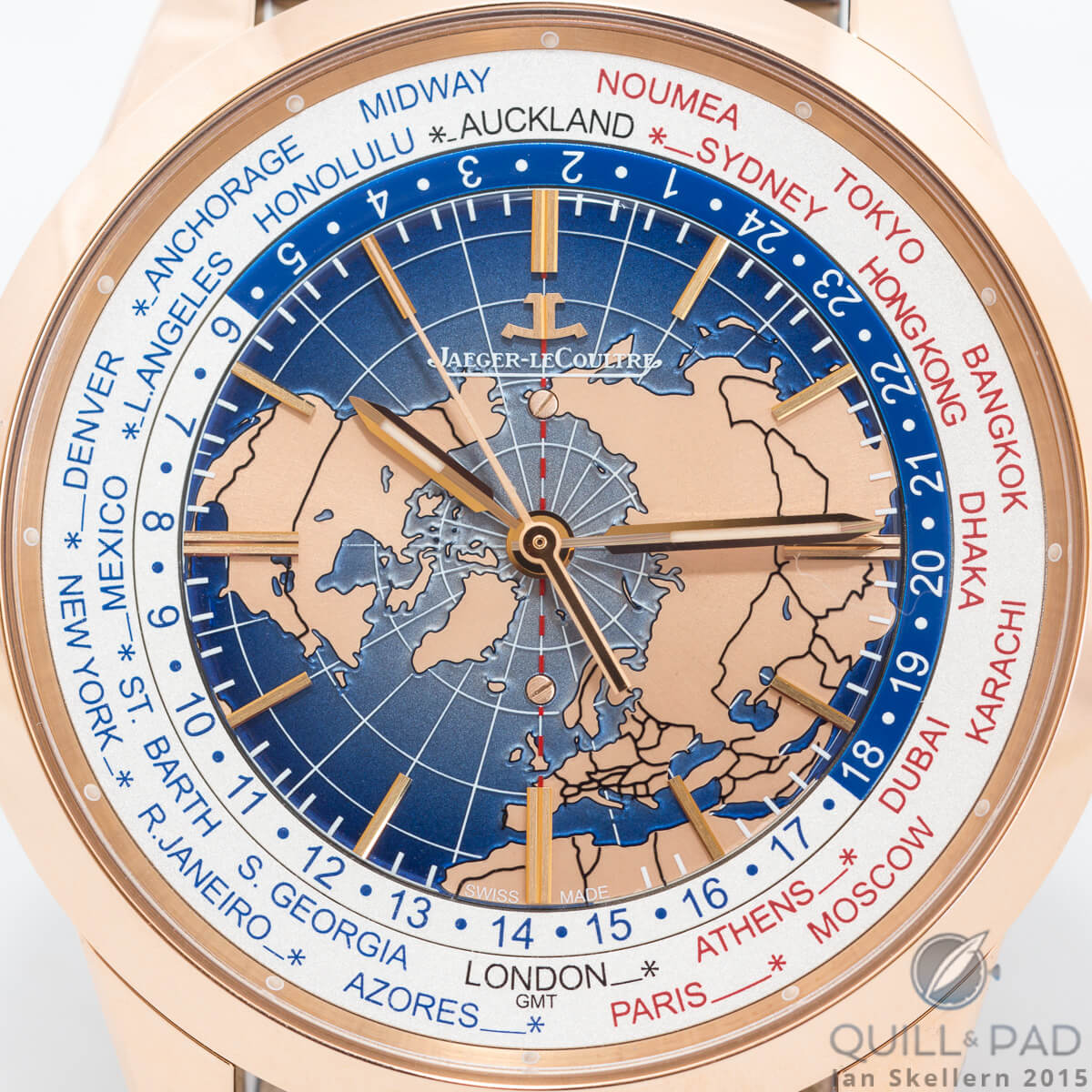 Close-up of the planisphere of the Jaeger-LeCoultre Geophysic Universal Time in pink gold