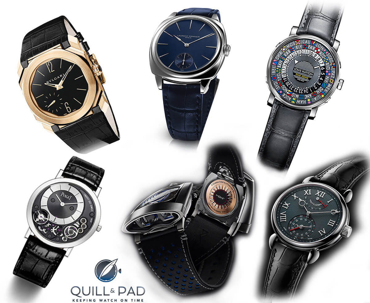 Men's watches pre-selected for the 2015 GPHG shown clockwise from top left: Bulgari Octo Finissimo Small Seconds, Laurent Ferrier Galet Square, Louis Vuitton Escale Time Zone, Voutilainen GMR, MB&F HMX, and Piaget Altiplano 900P 