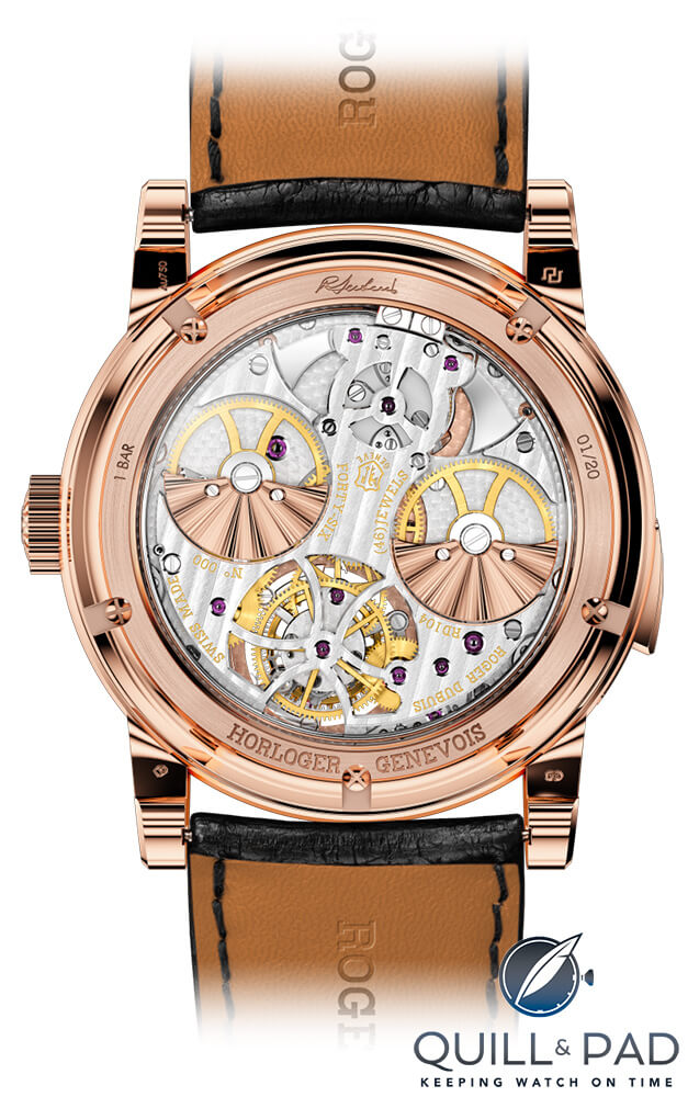 The back of the Roger Dubuis Hommage Minute Repeater Tourbillon Automatic is as beautiful as the front