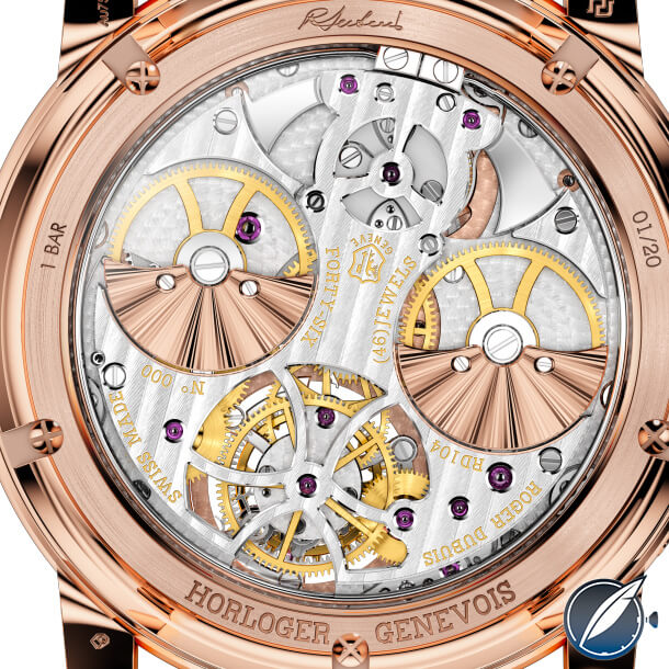 The view through the display back of the Roger Dubuis Hommage Minute Repeater Tourbillon Automatic reveals the two micro rotors on either side, the back of the tourbillon at the bottom, the repeater governor at the top, and the gongs encircling the movement with the hammers either side of the governor
