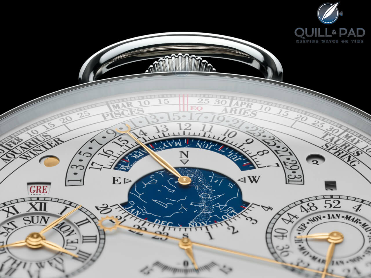 A close-up view of parts of the perpetual and astronomical calendars of Vacheron Constantin’s Reference 57260