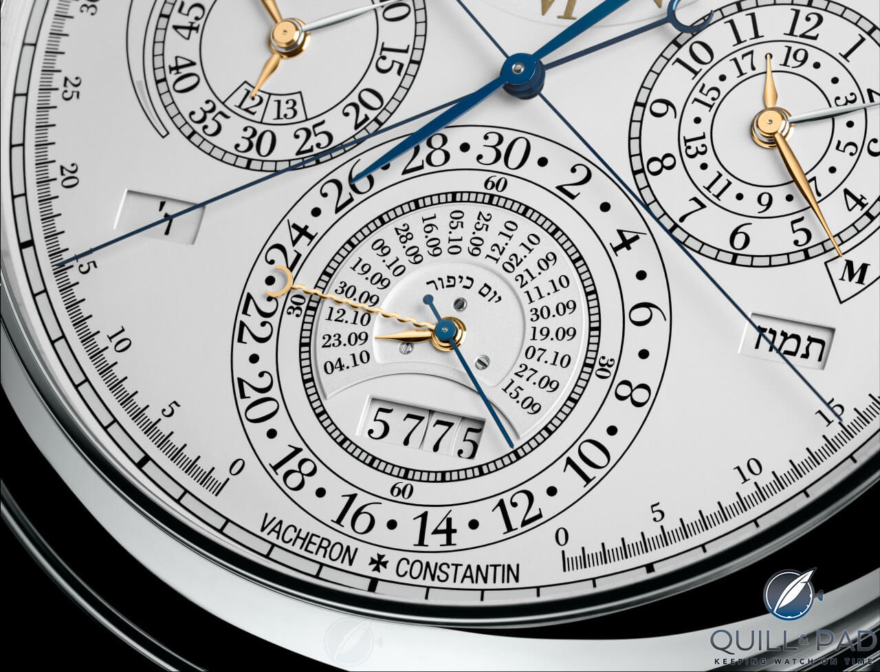 This close-up view of the front dial of Vacheron Constantin Reference 57260 provides a view of the Hebrew calendar including displays of the century, the decade, and Yom Kippur