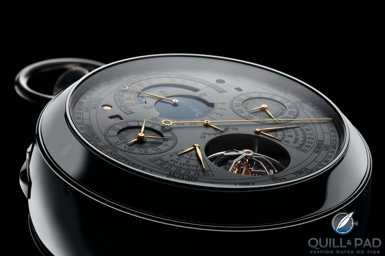 Light reflecting off the highly polished triple-axis tourbillon of the back side of Vacheron Constantin Reference 57260
