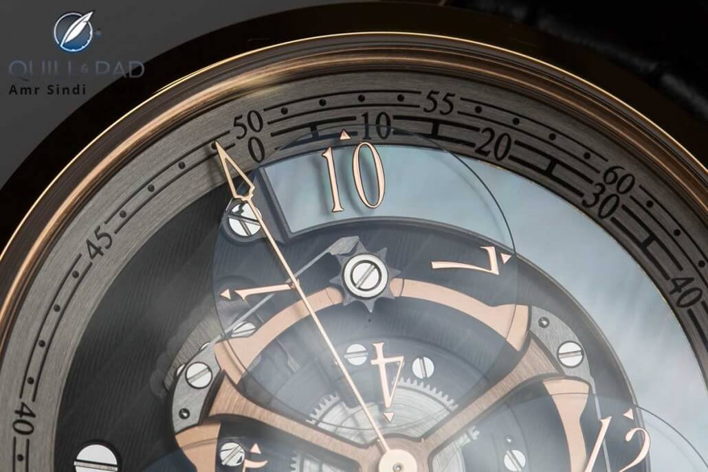 Close view of the dead beat seconds hand of the Arnold & Son Golden Wheel