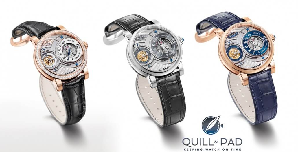 The Bovet Dimier Récital 15 collection: red gold with diamond-set bezel, white gold, and red gold