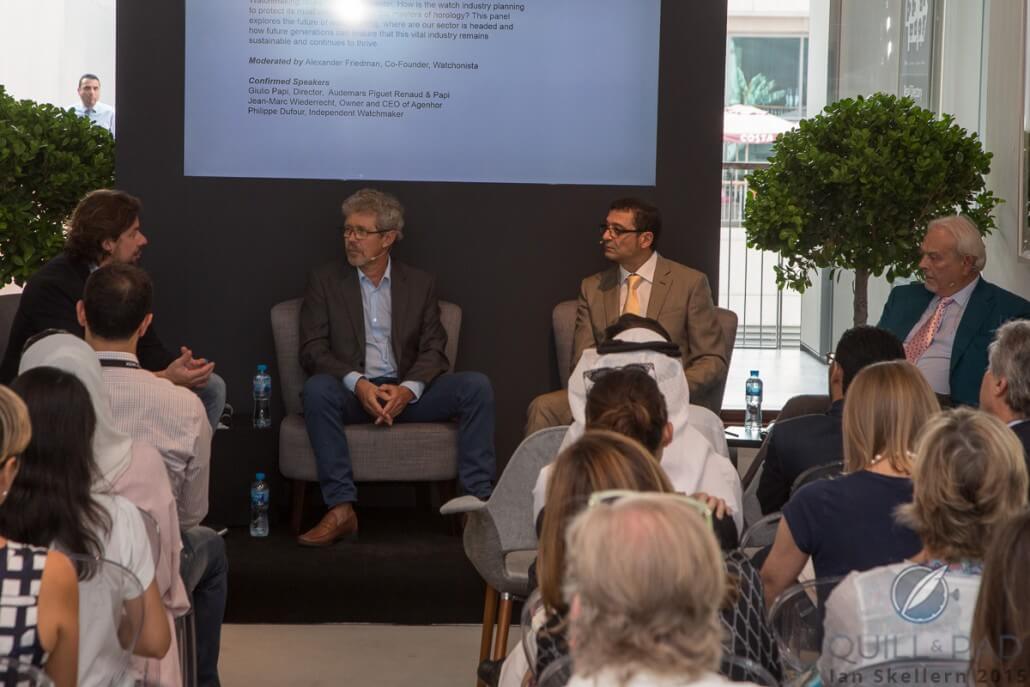 An interesting discussion panel at Dubai Watch Week: (l to r) Alexander Friedmann (moderator), Jean-Marc Wiederrecht, Guilo Papi, and Philippe Dufour 