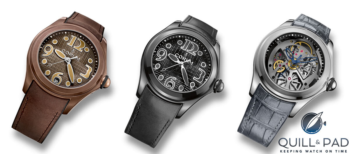 The 2015 Corum Bubble collection (left to right): Bubble Vintage, Bubble All Black, and Bubble (open dial)