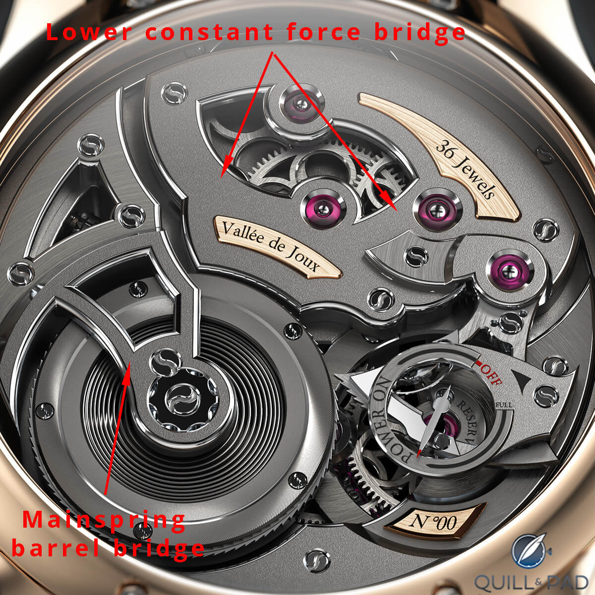 This image shows where two of the components visible on the back of the movement fit on Romain Gauthier's Logical One