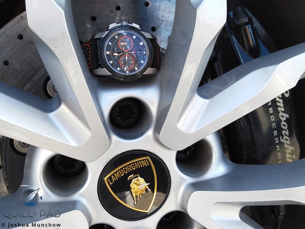 Between the spokes: the limited edition Blancpain L-evolution R Chronograph Flyback Grand Date and a Lamborghini Huracan