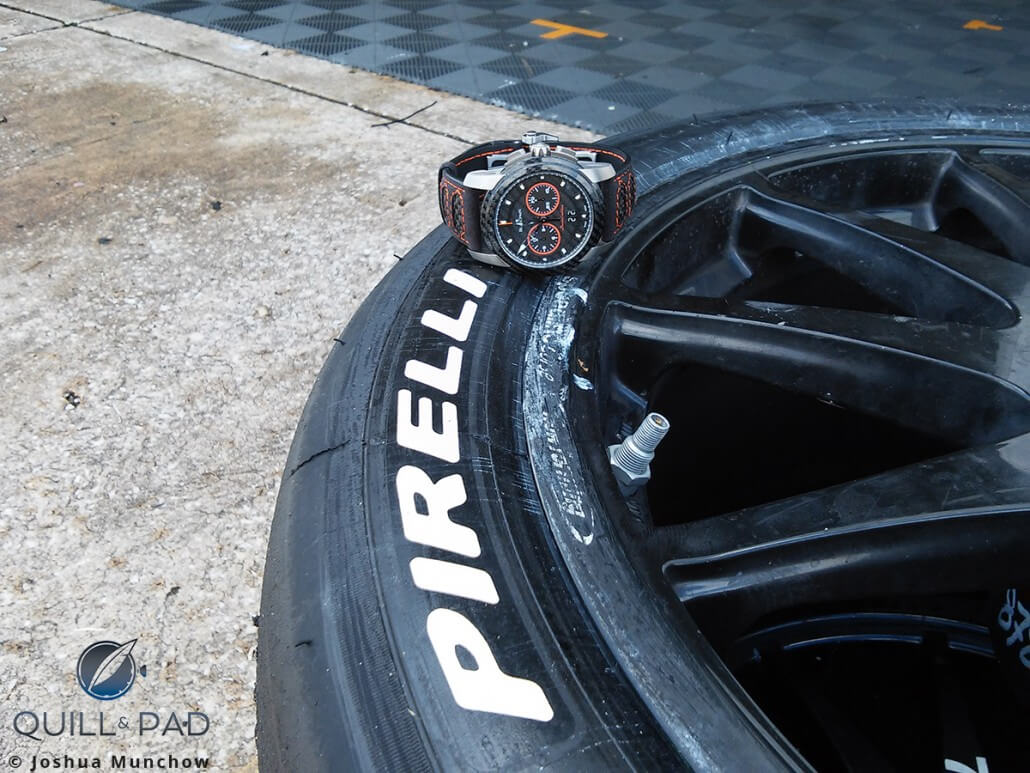 The limited edition Blancpain L-evolution R Chronograph Flyback Grand Date resting on a Lamborghini’s Pirelli P-Zero