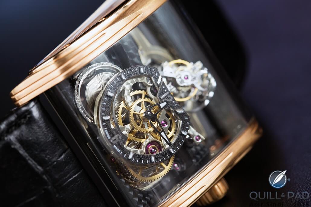 The angled, open subdial of the Cabestan Triple Axis Tourbillon