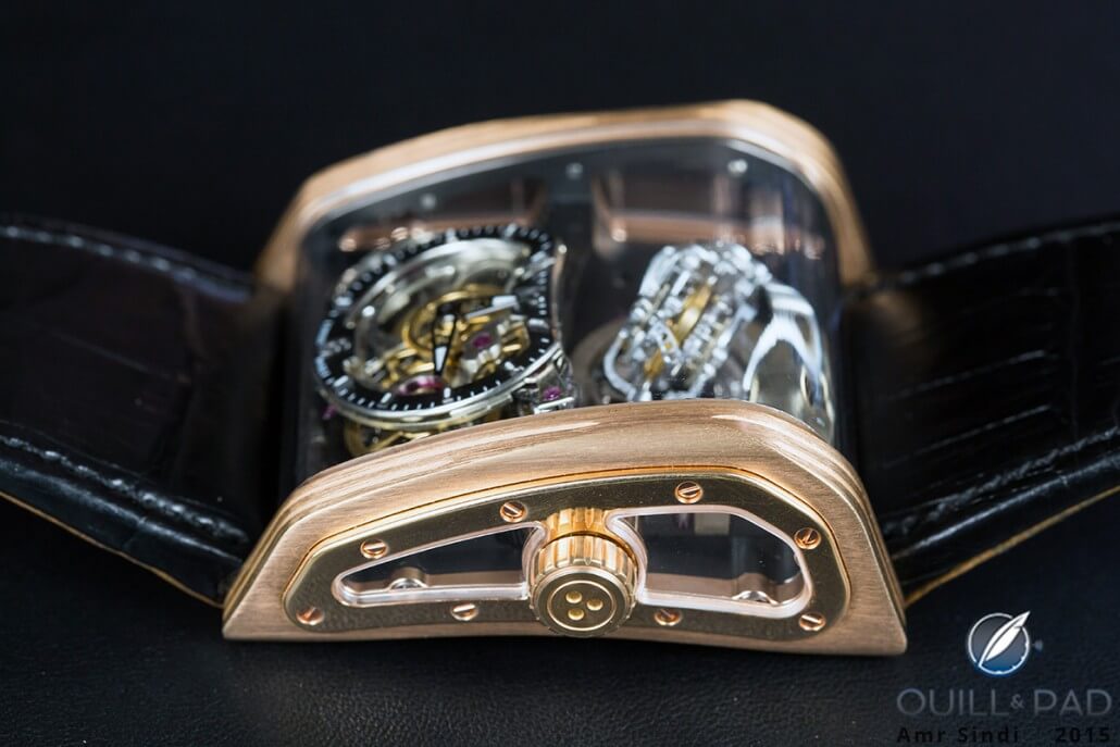 Side windows in the case band of the Cabestan Triple Axis Tourbillon allow plenty of light in for fully appreciating the movement