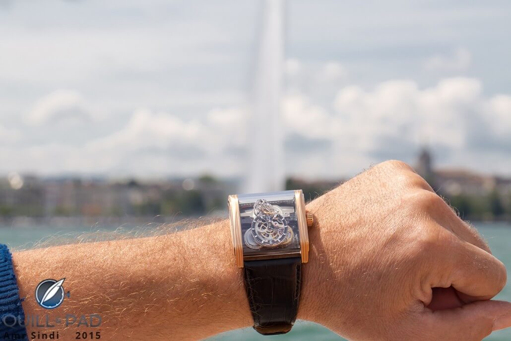 Cabestan Triple Axis Tourbillon on the wrist with Geneva's Jet d'Eau in the background