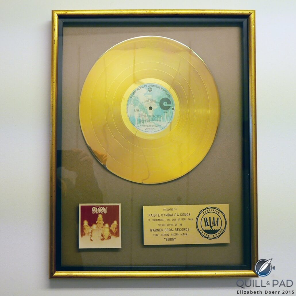 Gold record on the wall at the Paiste factory in commemoration of the Deep Purple album 'Burn'
