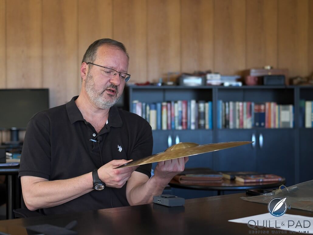 Erik Paiste wearing his specially engraved version of the Corum Paiste Bubble in his office (photo Tony Shayto)