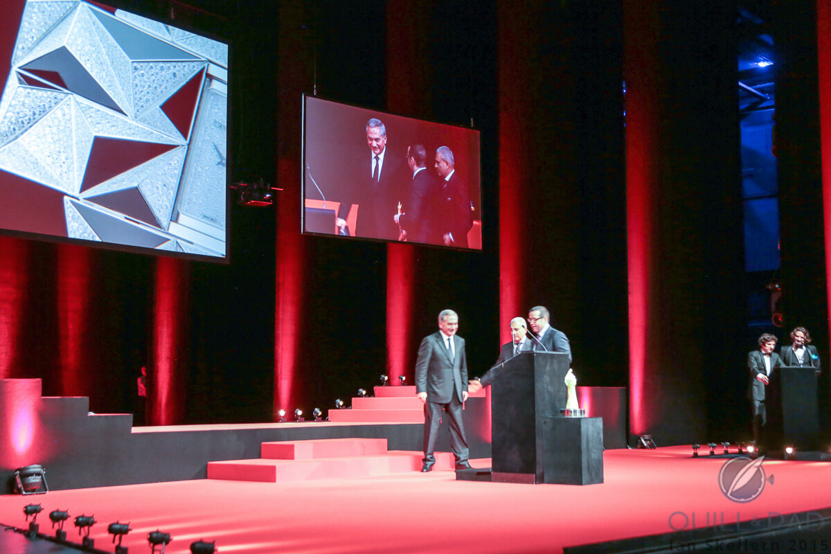 François-Henry Bennahmias (right), CEO of Audemars Piguet, accepting the best Jewellery prize at the 2015 Grand Prix d’Horlogerie de Genève for the Diamond Punk