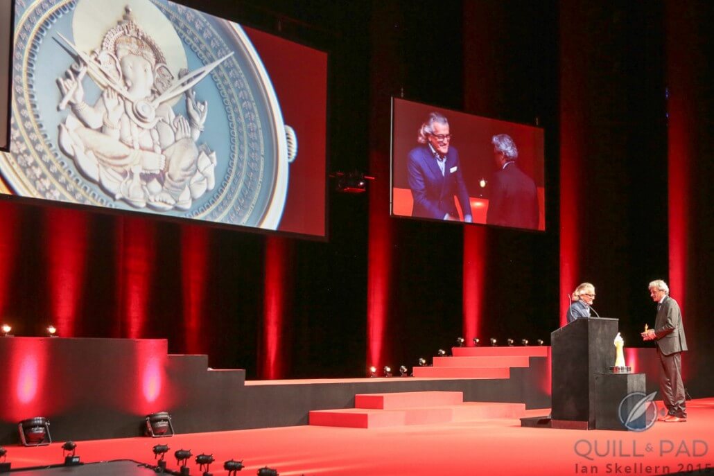 Lionel a Marca, vice president of Blancpain, accepts the award for best Artistic Watch for the Villeret Shakudō at the 2015 Grand Prix d’Horlogerie de Genève