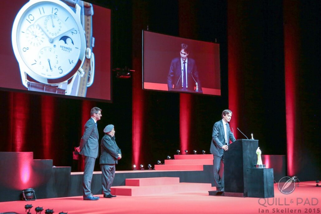 Laurent Dordet, CEO of La Montre Hermès, accepts the prize for the Calendar category for the Slim d'Hermès QP at the 2015 Grand Prix d'Horlogerie de Genève