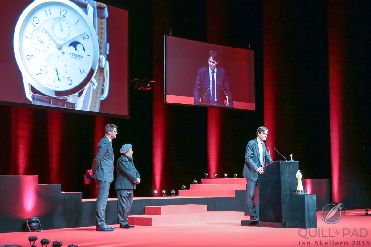 Laurent Dordet, CEO of La Montre Hermès accepting the prize for best calendar watch for the Slim d'Hermès QP