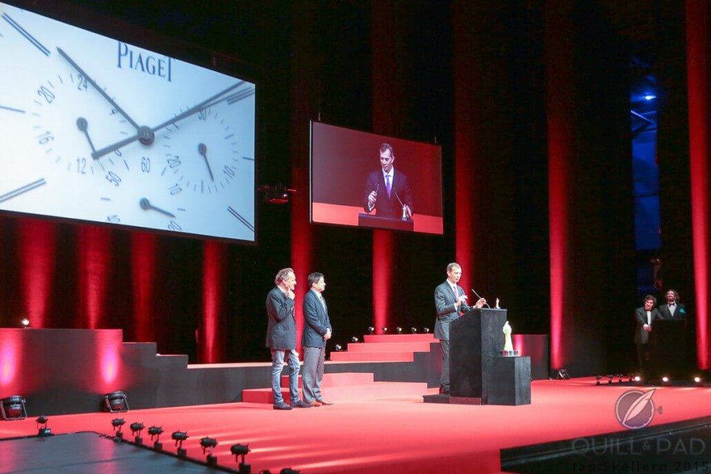 Piaget CEO Philippe Léopold-Metzger accepts the Chronograph prize for the Altiplano Chrono at the 2015 Grand Prix d’Horlogerie de Genève